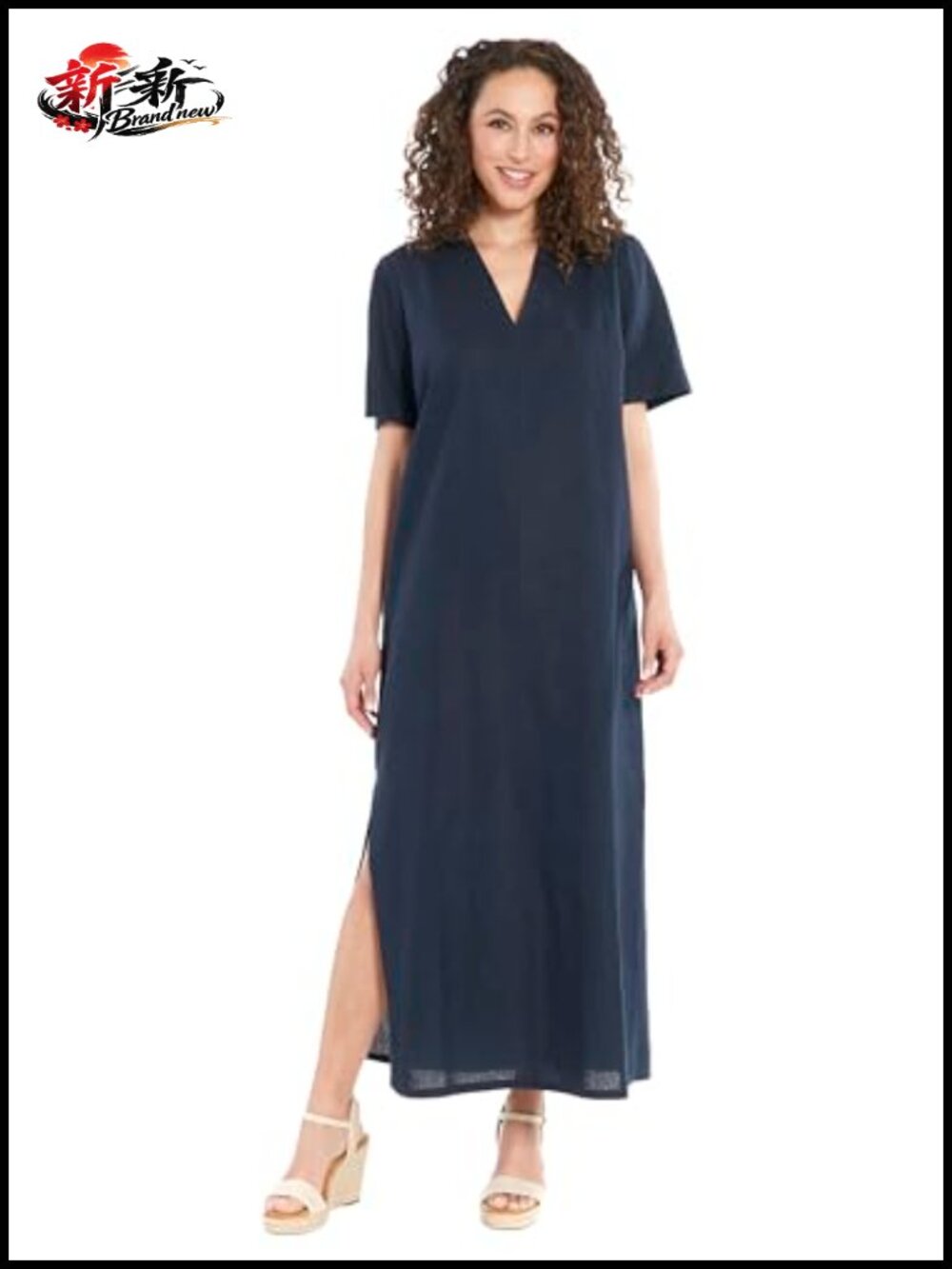 Linen Rayon Maxi Dress, Collared V-Neck Short Sleeve